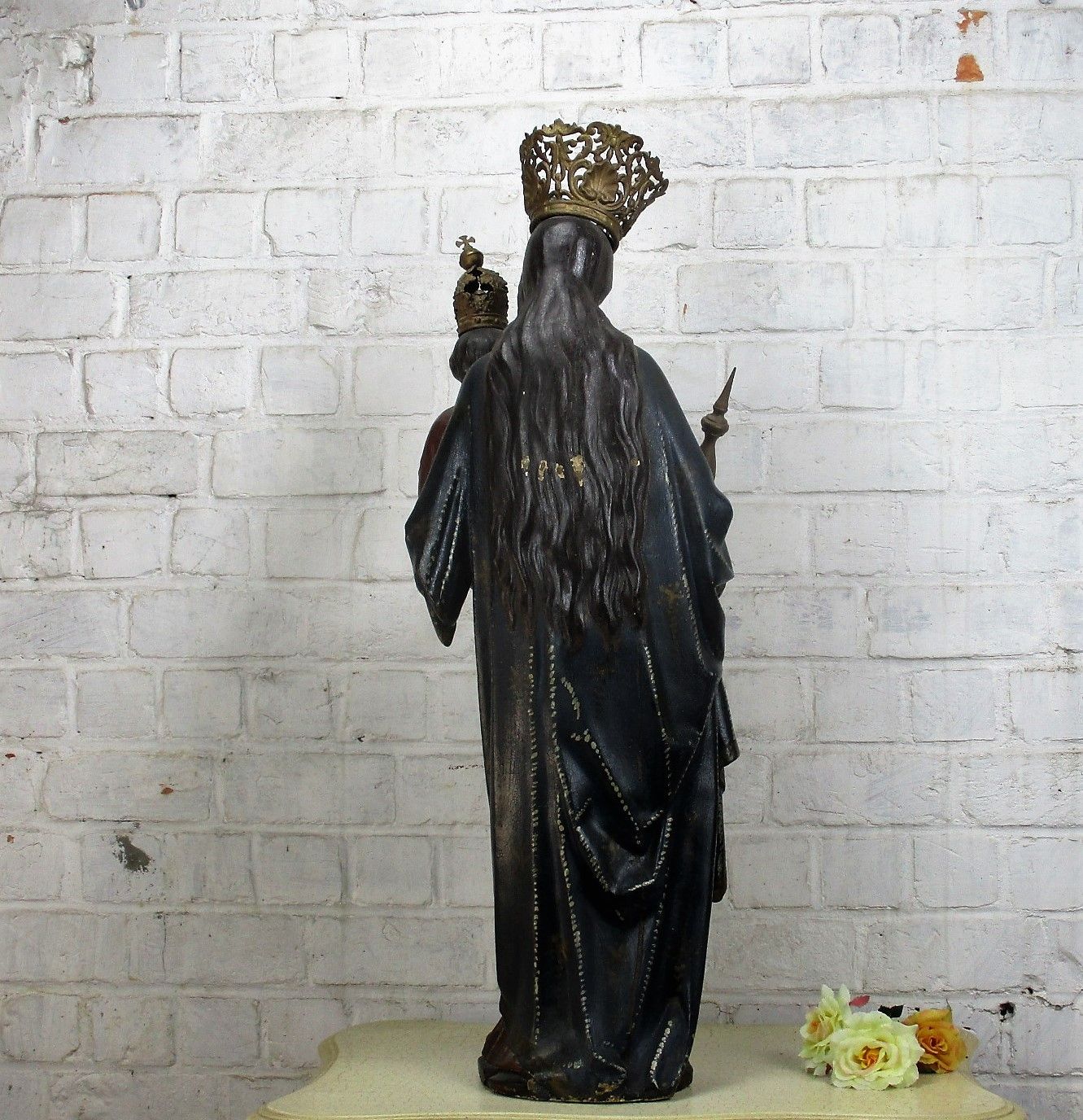 Antique Polychrome Madonna Infant Child Statue Church Plaster Collector 33.85" photo buy