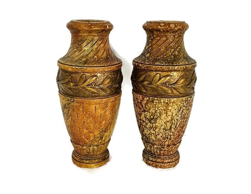 Couple Of Plaster Antique Art Deco Vases Gold Leafs French