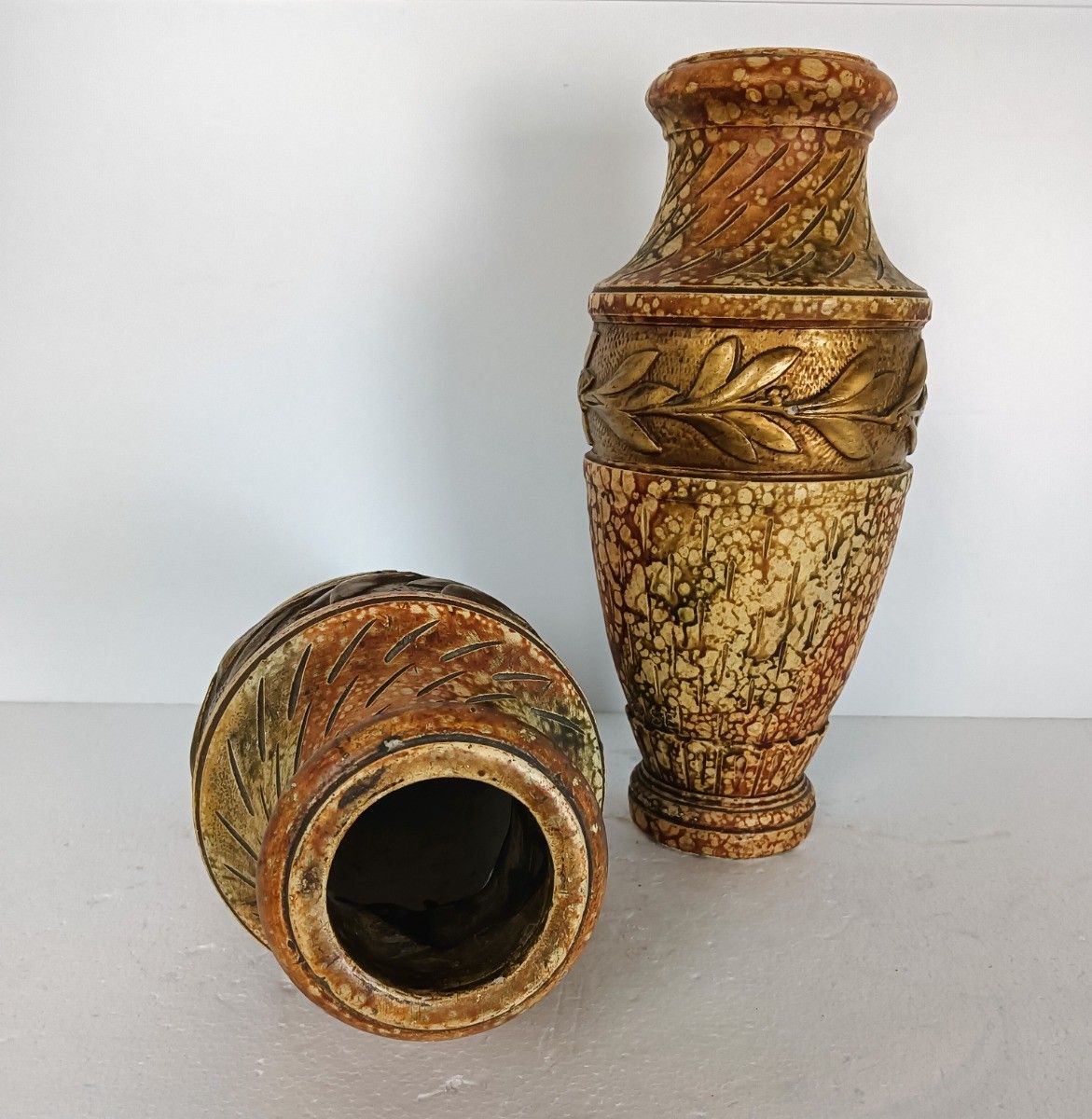 Couple Of Plaster Antique Art Deco Vases Gold Leafs French photo Home Decor