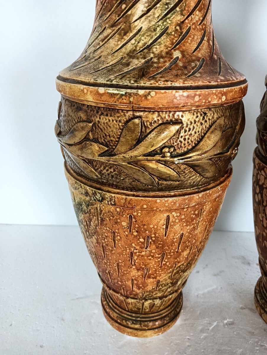 Couple Of Plaster Antique Art Deco Vases Gold Leafs French photo 97.0