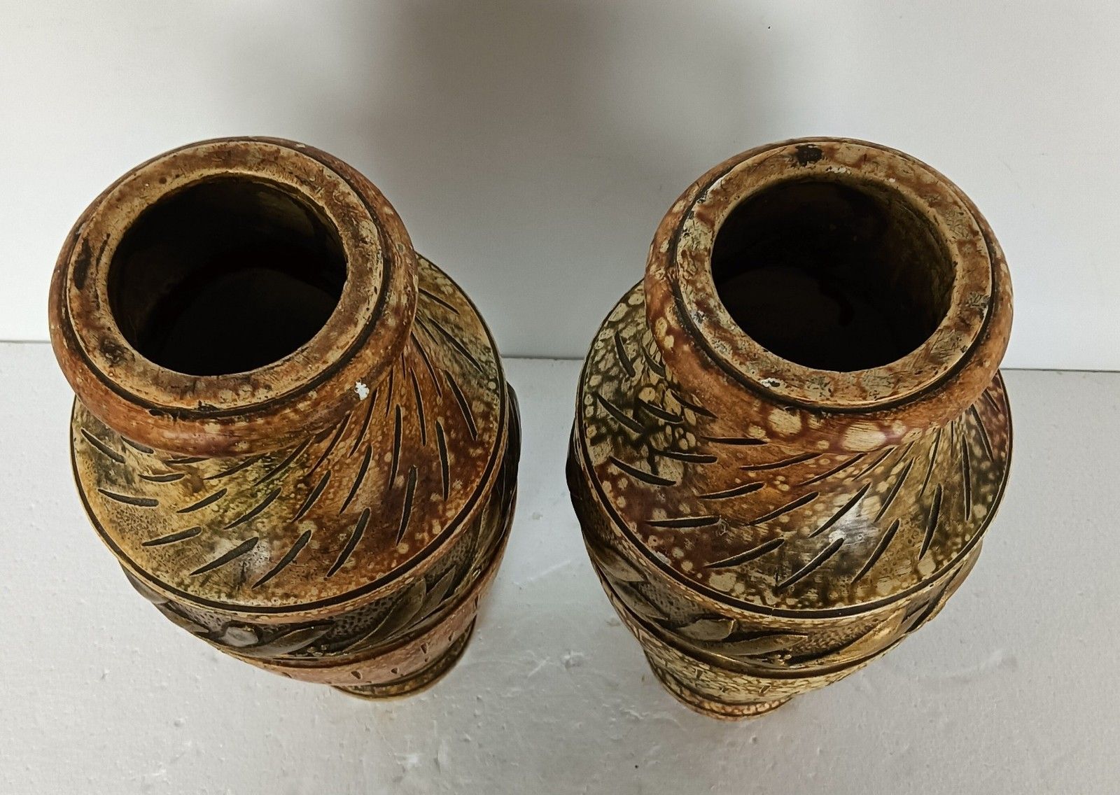 Couple Of Plaster Antique Art Deco Vases Gold Leafs French photo buy