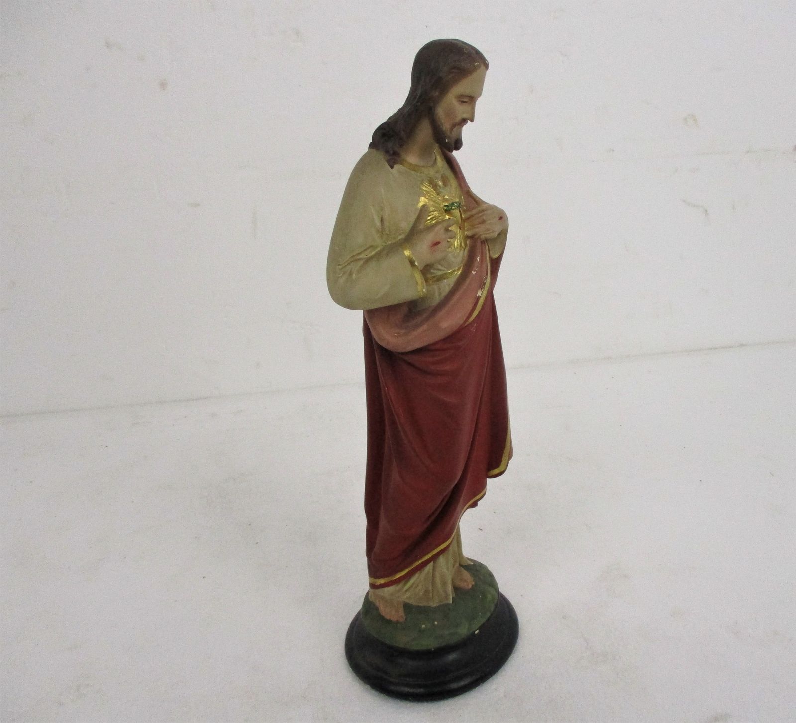 Antique Statue Jesus Christ Savior Sacred Holy Heart Plaster Polychrome Art Deco photo for sale