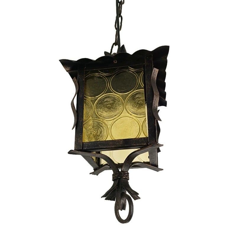 Pendant Lantern Chandelier Amber Art Glass Ceiling Light Brass Beautiful Wrought