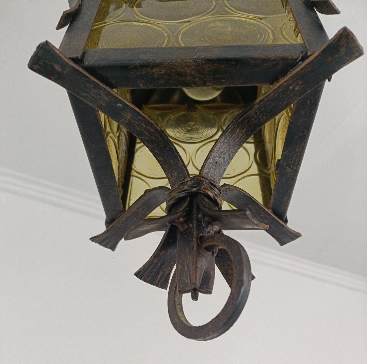Pendant Lantern Chandelier Amber Art Glass Ceiling Light Brass Beautiful Wrought photo vintage