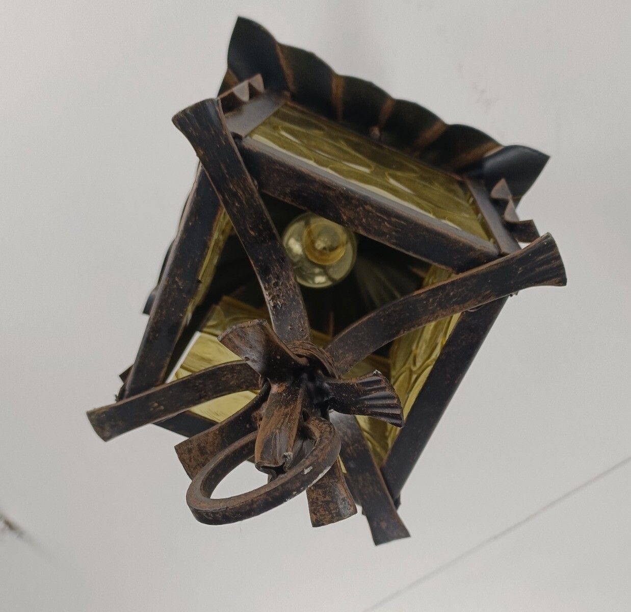 Lighting Pendant Lantern Chandelier Amber Art Glass Ceiling Light Brass Beautiful Wrought photo