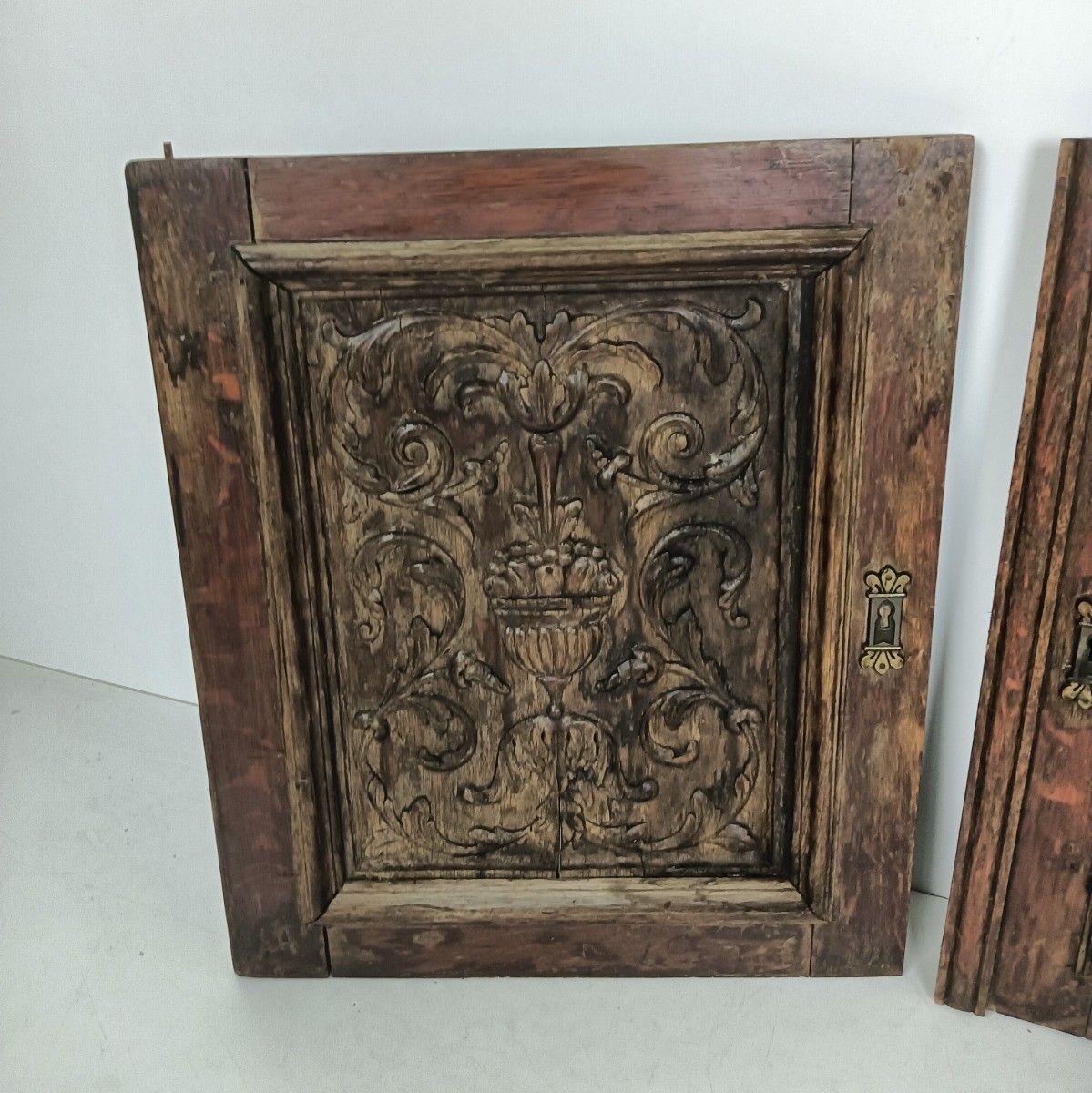 Pair Door Panels Carved Wood Flowers Baskets Architectural Reclaimed Salvaged An photo Home Fixtures