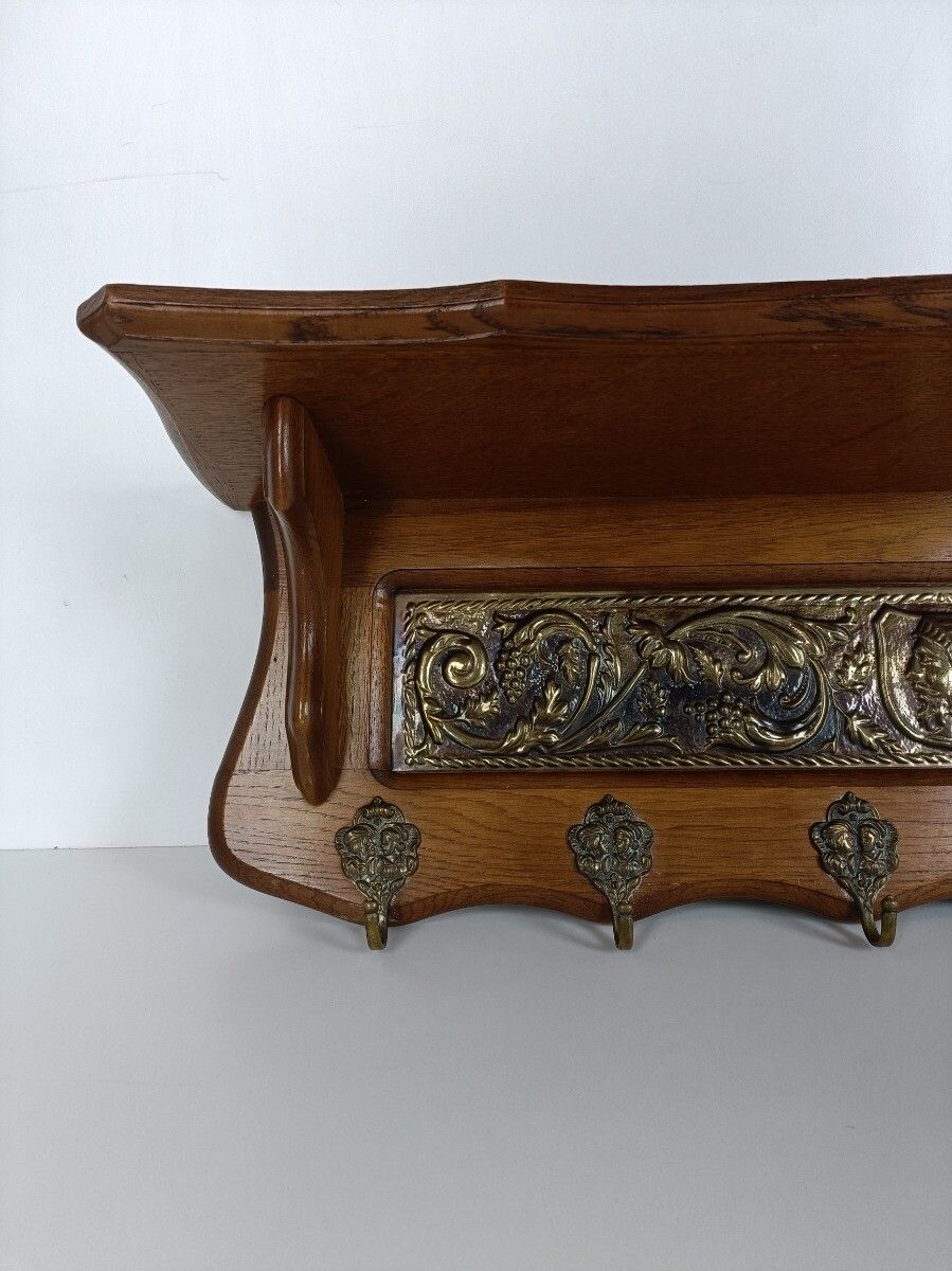 Antique Carved Wooden Coat Hat Rack Kitchen Rack Brass Plaque Grapes Bacchus photo 324.0