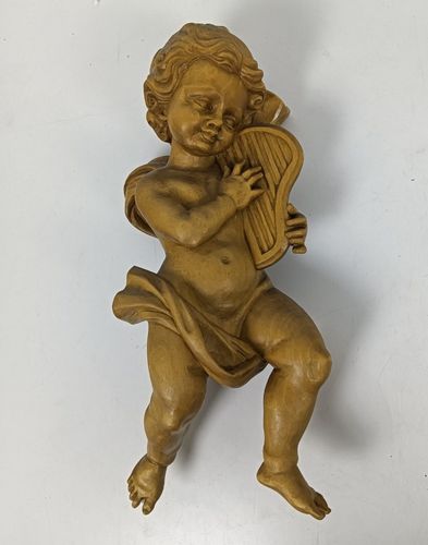 Pair Carved Wooden Angels Figurines Wall Hanging Musicians Flute Harp, Putti Gor photo Home Decor