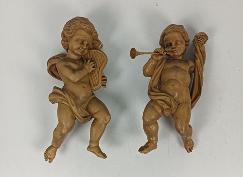 Pair Carved Wooden Angels Figurines Wall Hanging Musicians Flute Harp, Putti Gor photo vintage