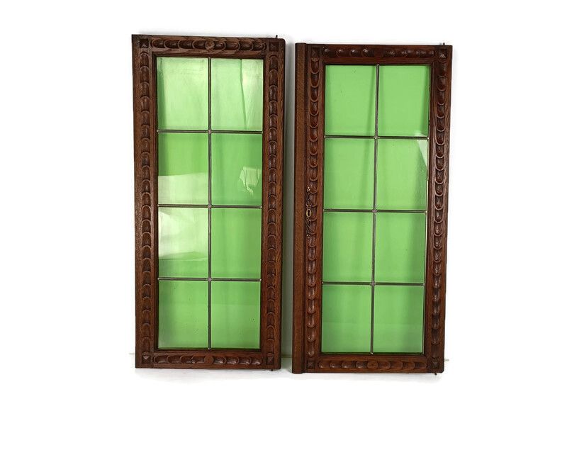 Gorgeous Large Hand Carved Wooden Door Panels Green  Glass Pair  Antique