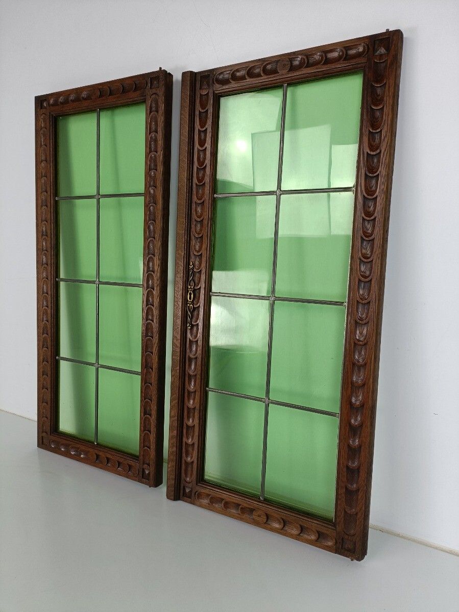 Gorgeous Large Hand Carved Wooden Door Panels Green  Glass Pair  Antique photo for sale