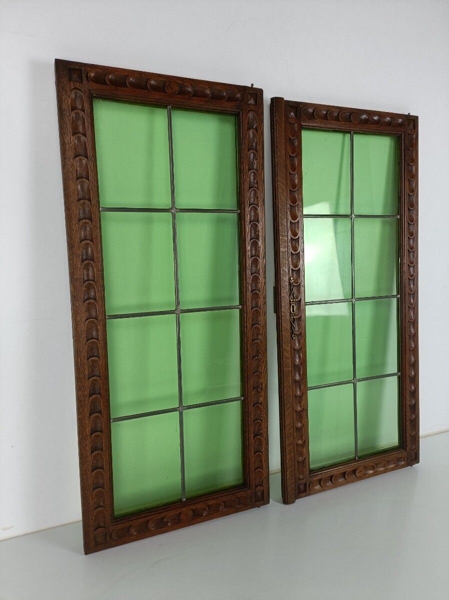 Gorgeous Large Hand Carved Wooden Door Panels Green  Glass Pair  Antique photo Home Fixtures