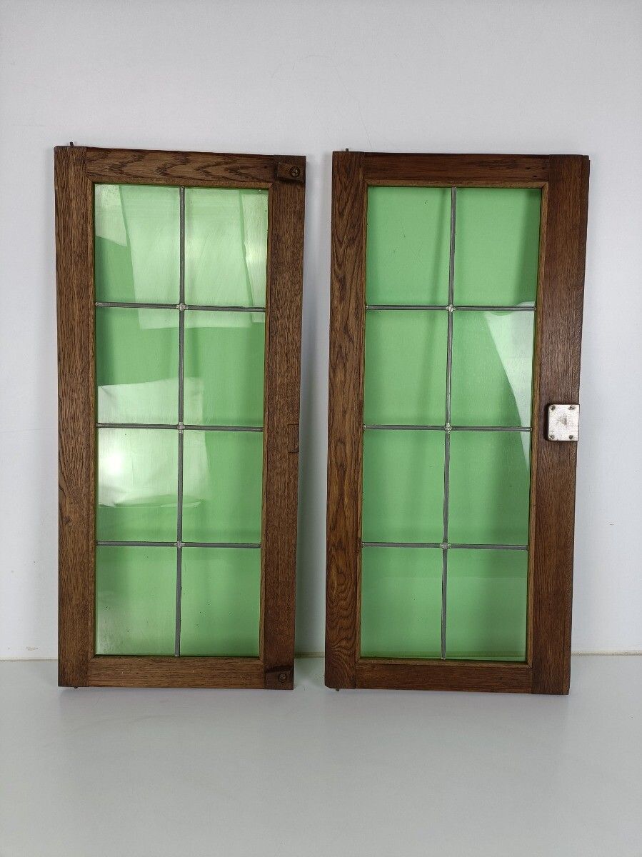 Gorgeous Large Hand Carved Wooden Door Panels Green  Glass Pair  Antique photo buy