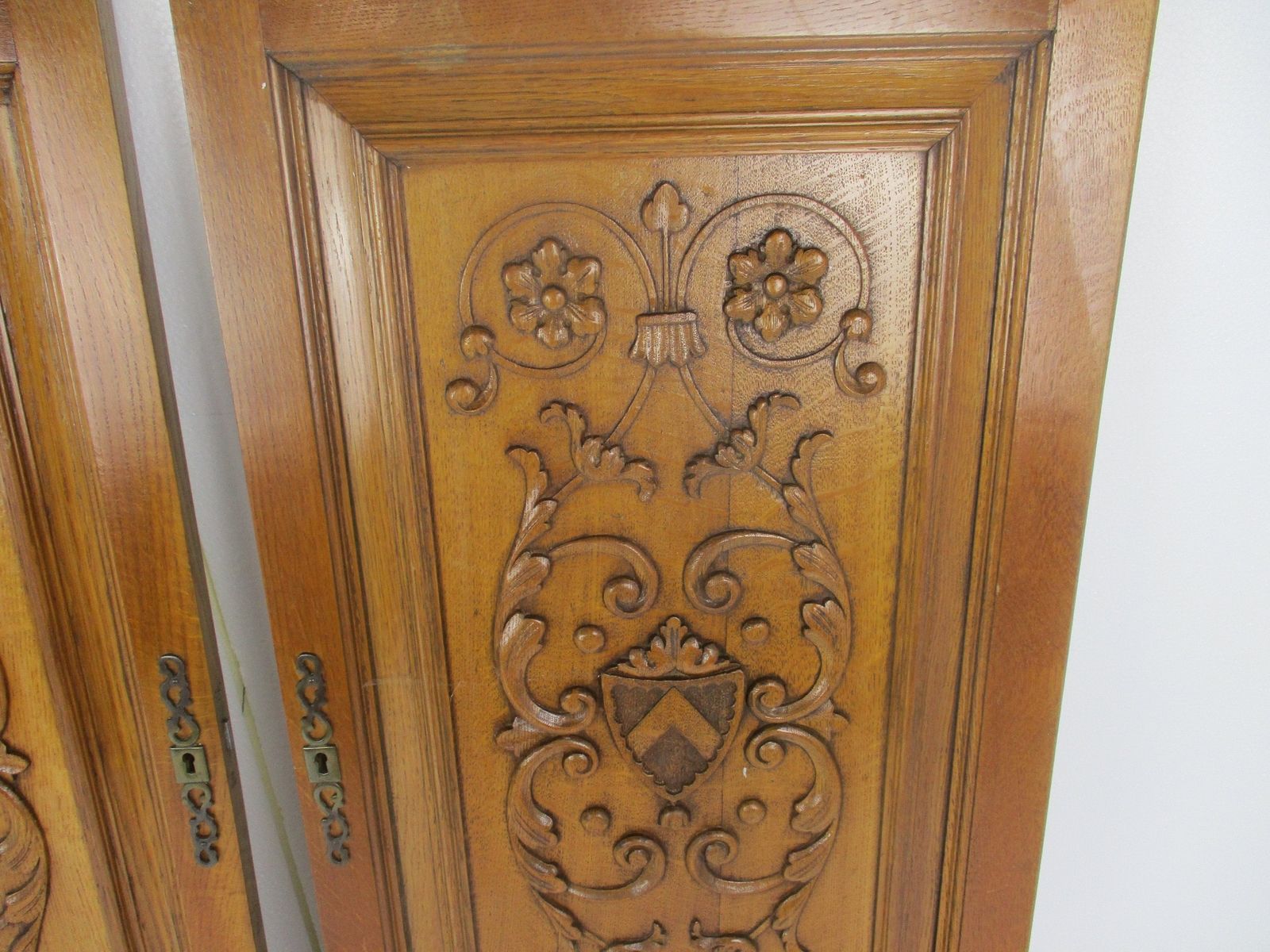 Pair  Hand Carved Wooden  Door Panels Reclaimed Architectural Medieval Style Flo photo Home Fixtures