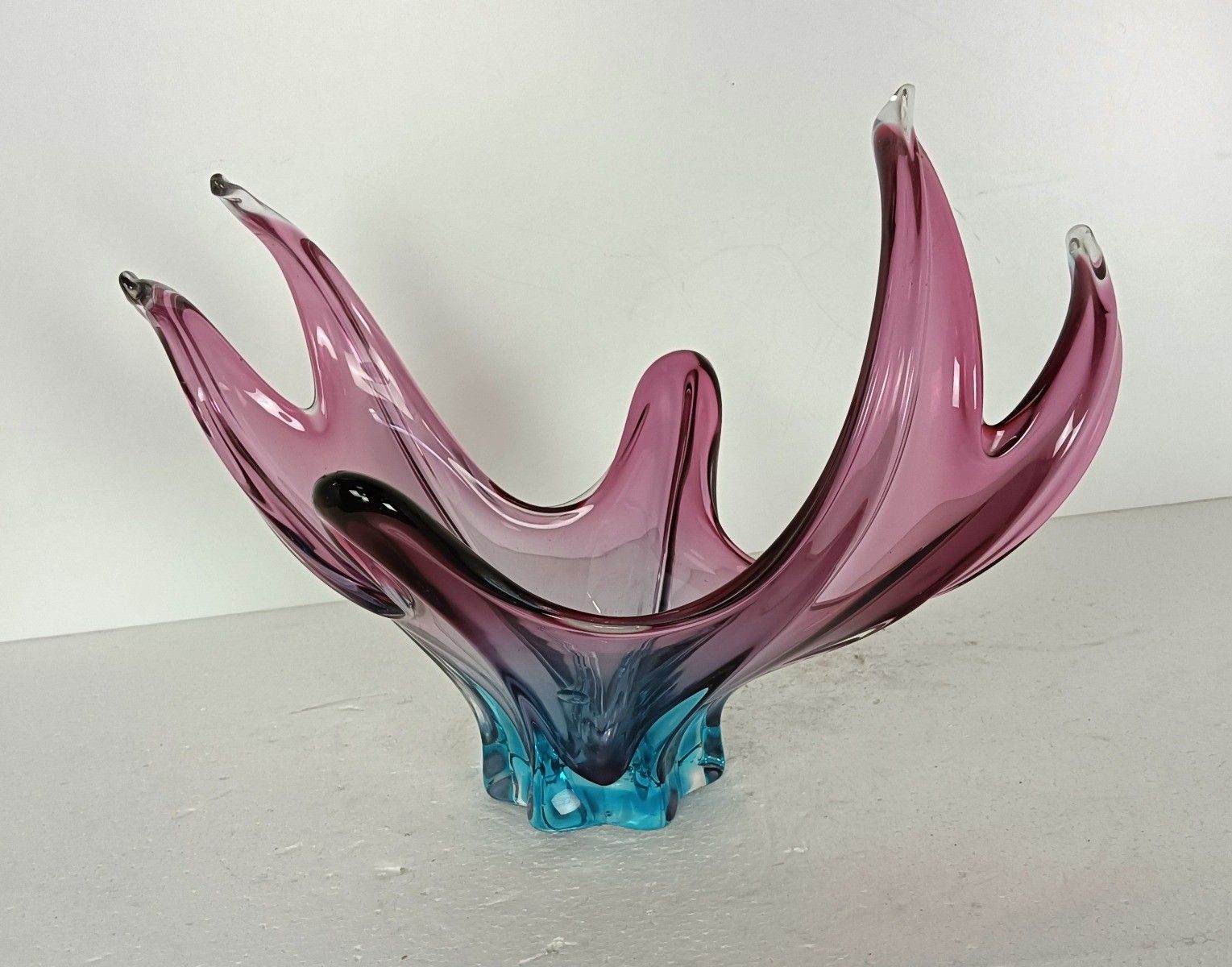 Blue  Cranberry Murano Italian Art Glass Centerpiece Dish Bowl Mid Century Vinta photo for sale
