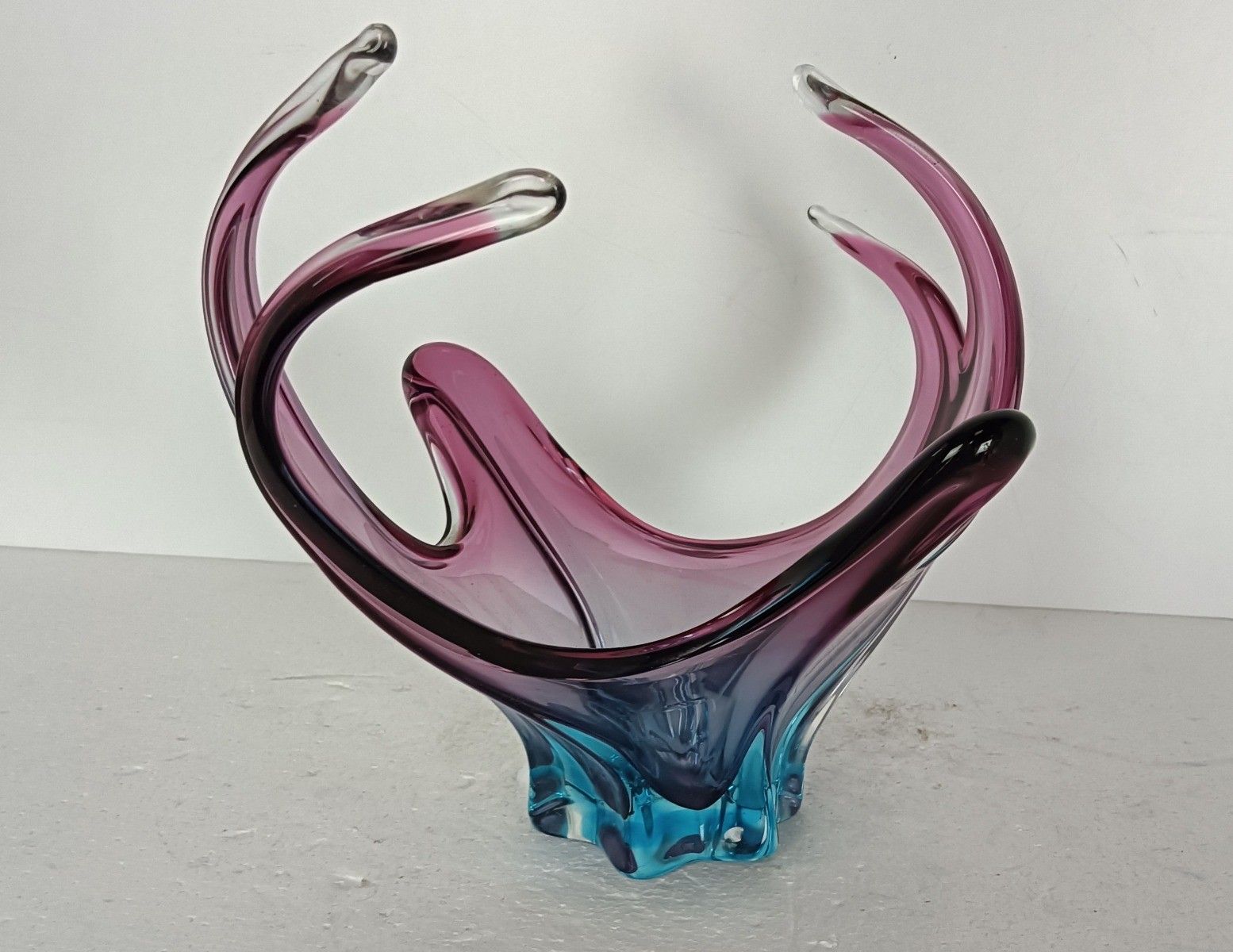 Blue  Cranberry Murano Italian Art Glass Centerpiece Dish Bowl Mid Century Vinta photo vinterior