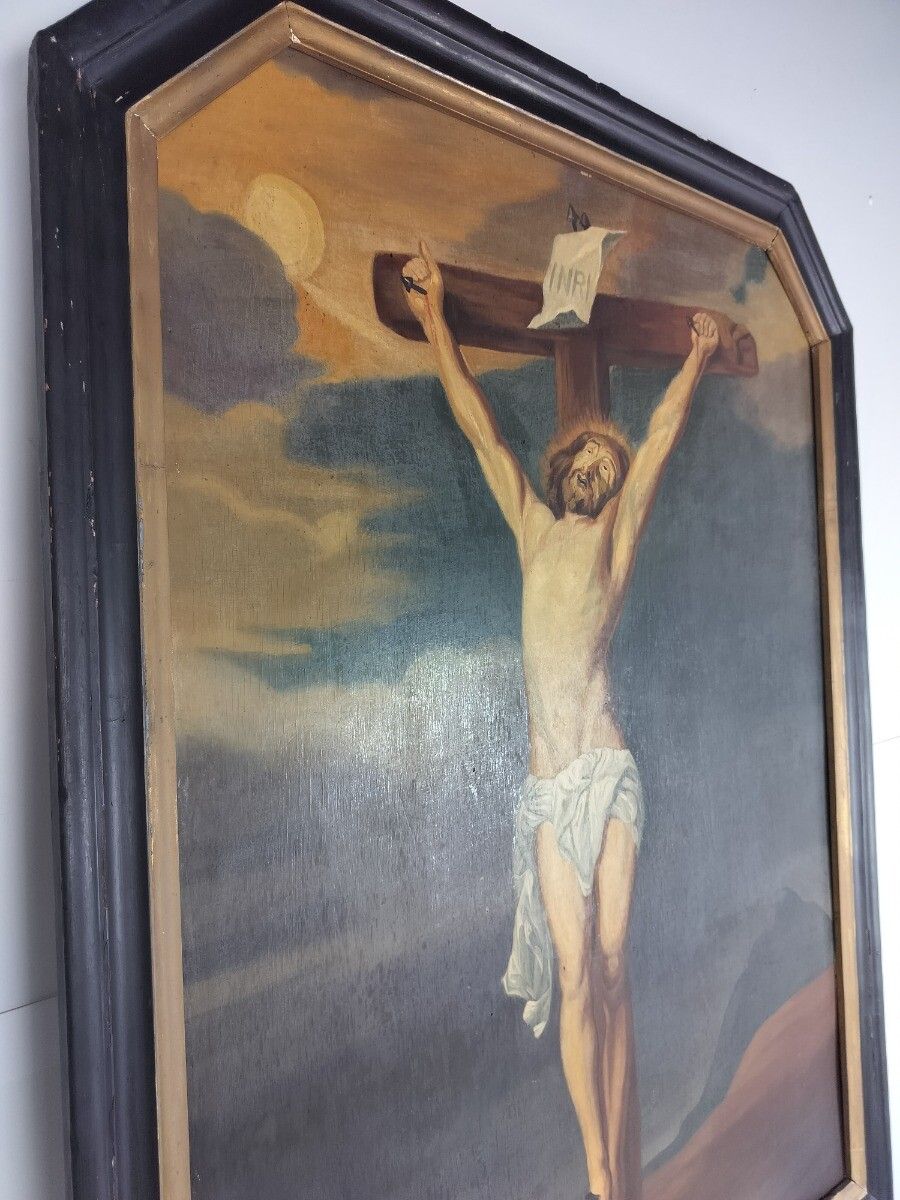 Very Large Antique Painting Oil On Wooden Panel Crucifixion After Antoon Van Dyc photo 1012.0