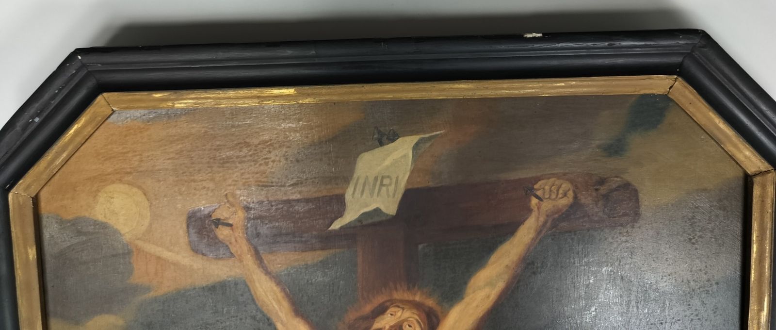Very Large Antique Painting Oil On Wooden Panel Crucifixion After Antoon Van Dyc photo vintage