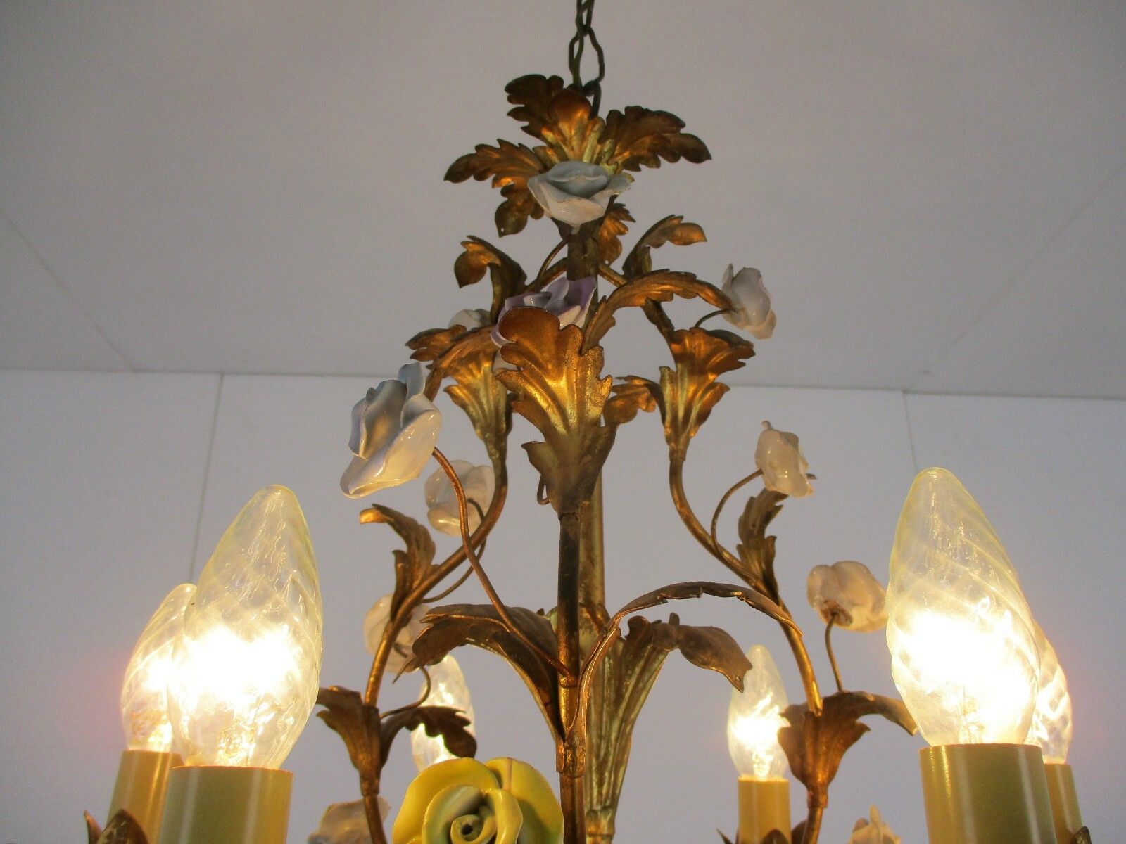 Regency Chandelier 6 Arm Lights Ornate Brass Leafs  Porcelain Flowers Italian photo Lighting