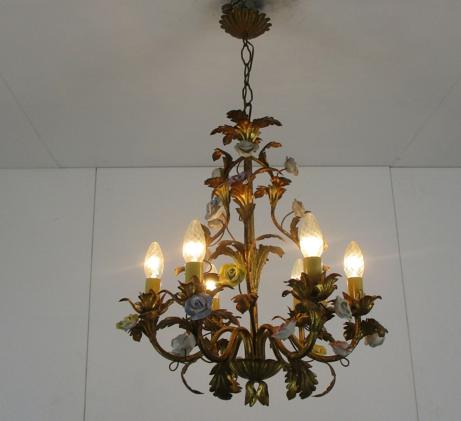 Regency Chandelier 6 Arm Lights Ornate Brass Leafs  Porcelain Flowers Italian photo vintage