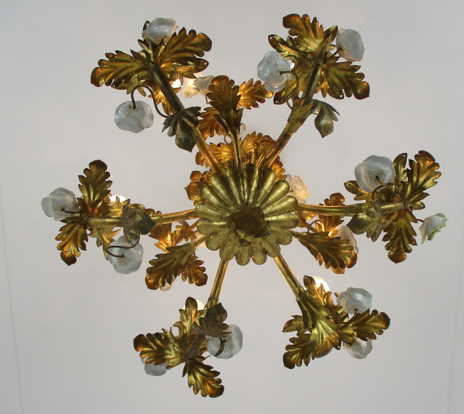 photo furniture Regency Chandelier 6 Arm Lights Ornate Brass Leafs  Porcelain Flowers Italian
