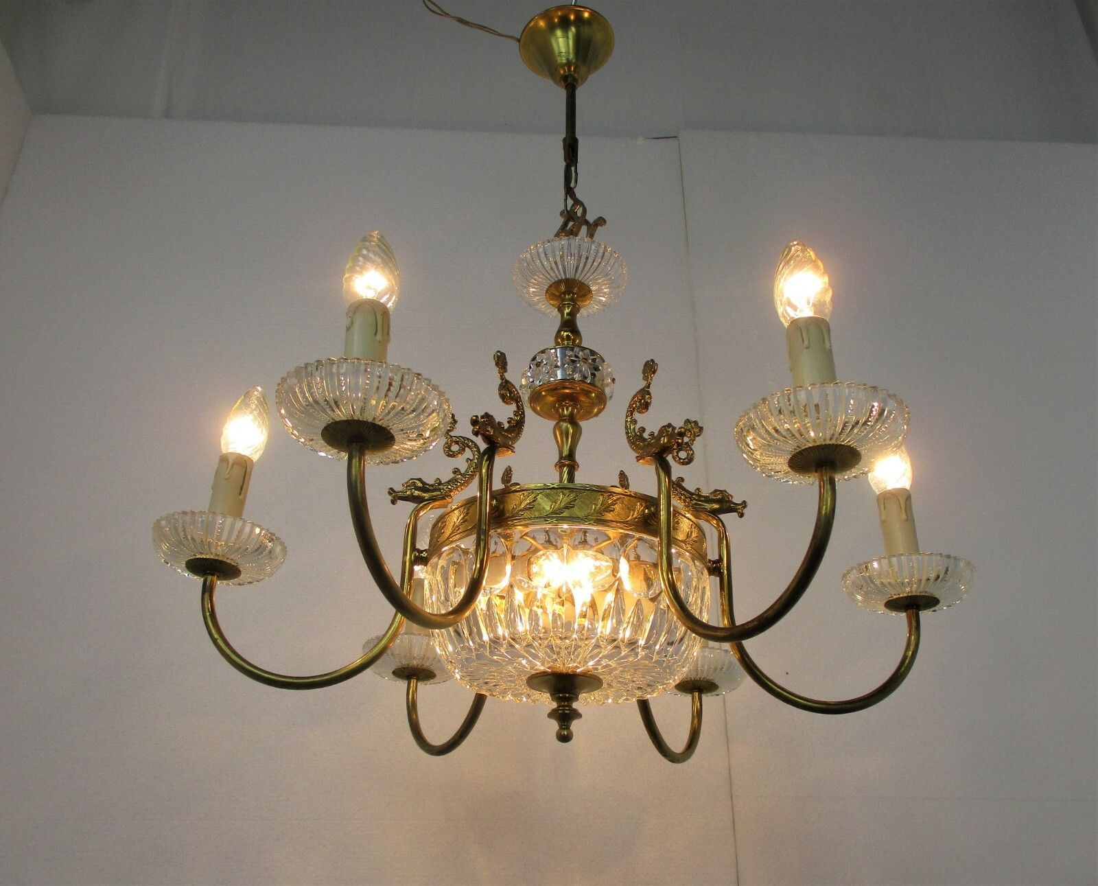 French Chandelier Ornate Brass Crystal Prisms Hollywood Regency Fish Wow 8 Light photo 427.0