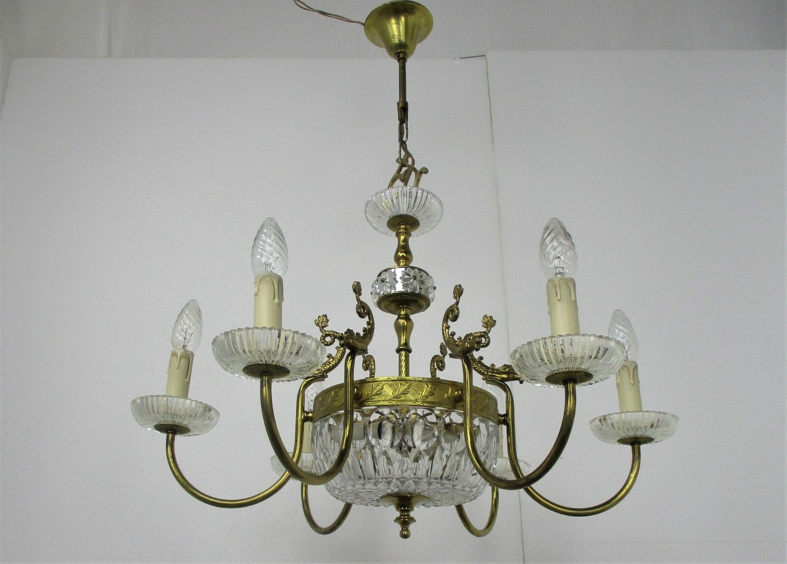 Lighting French Chandelier Ornate Brass Crystal Prisms Hollywood Regency Fish Wow 8 Light photo