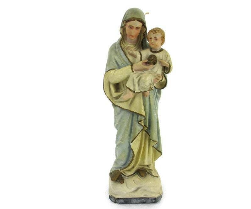 Statue Our Lady Madonna Virgin Mary Infant Jesus  Beautiful Plaster 16.53&Quot