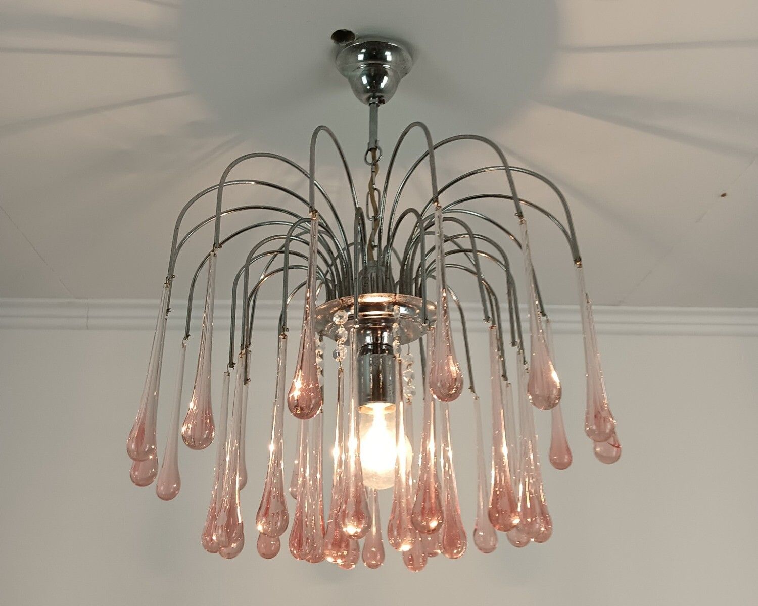 Murano Pink Art Glass Teardrop Prisms Chandelier Italy 1 Light Pendant Lovely VI photo for sale