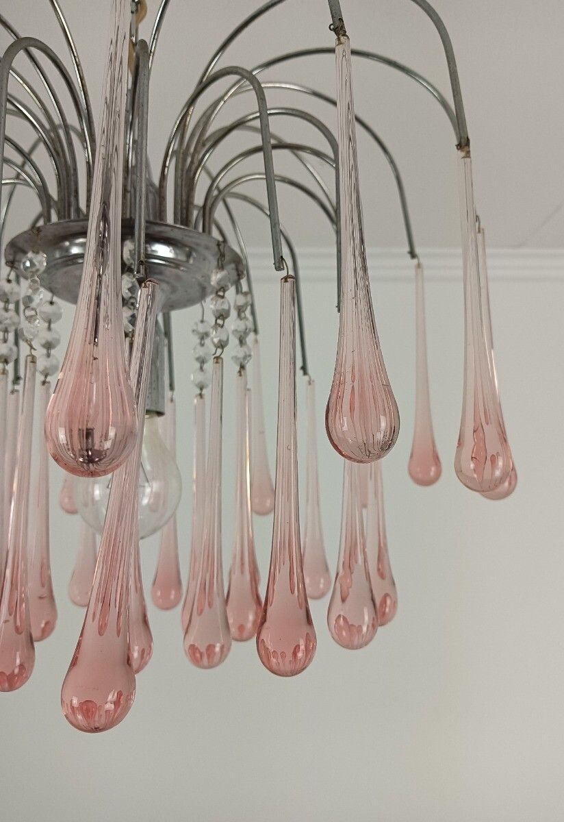 Murano Pink Art Glass Teardrop Prisms Chandelier Italy 1 Light Pendant Lovely VI photo 567.0