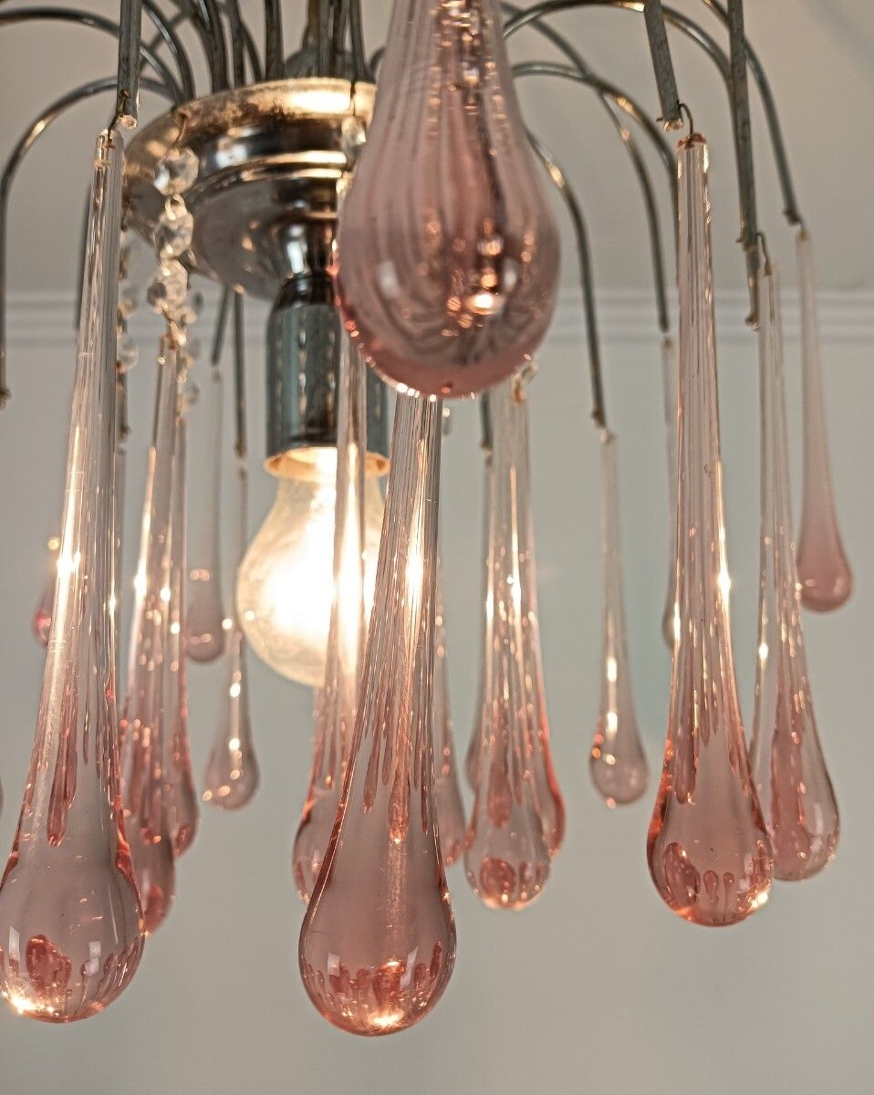 Murano Pink Art Glass Teardrop Prisms Chandelier Italy 1 Light Pendant Lovely VI photo vinterior
