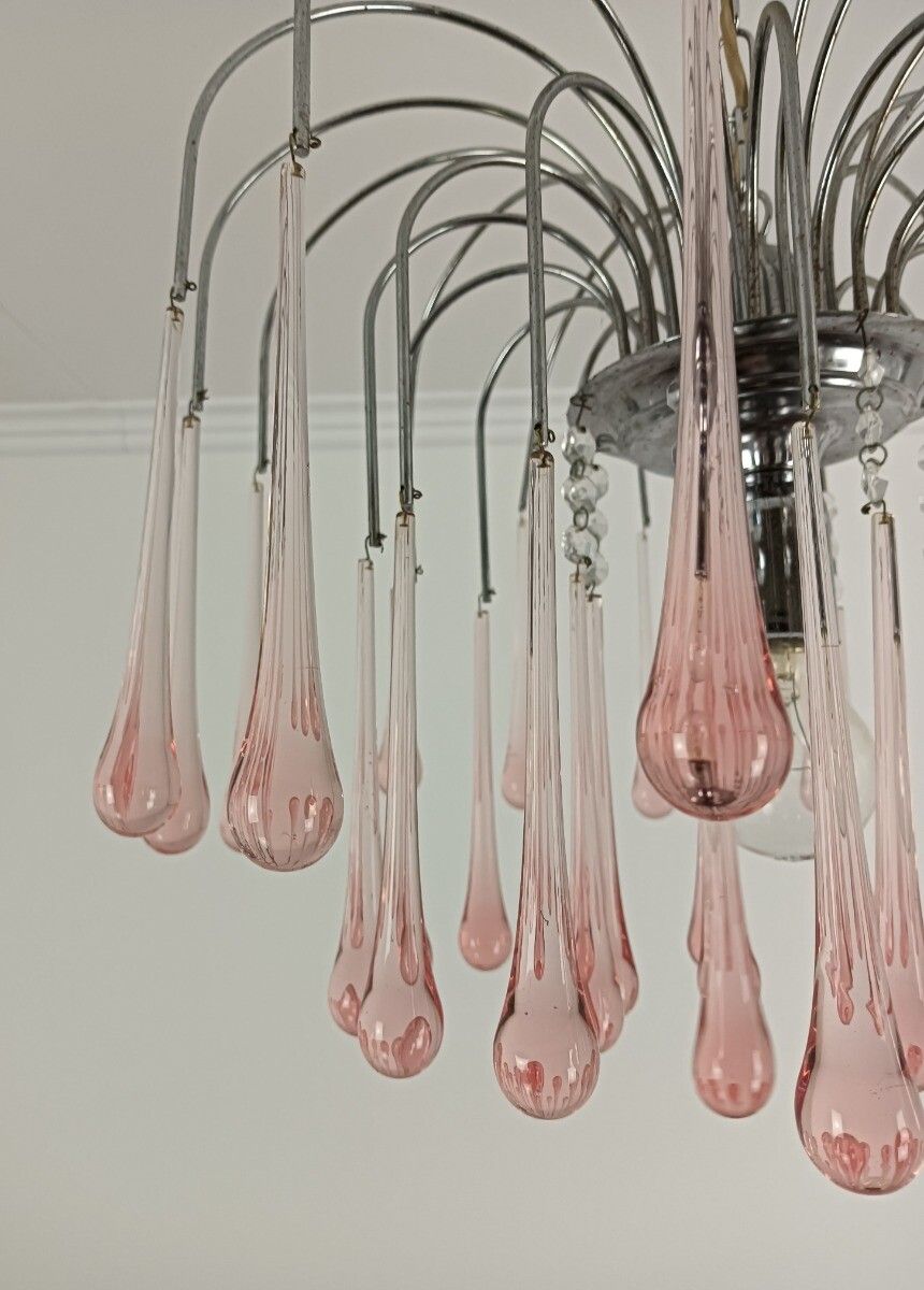 photo vinterior Murano Pink Art Glass Teardrop Prisms Chandelier Italy 1 Light Pendant Lovely VI