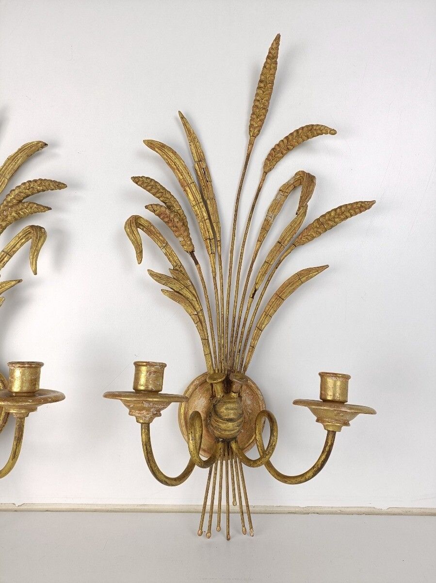Pair Of Metal Plaster Hollywood Regency Wall Sconces Double Candle Holders Sheat photo Home Decor