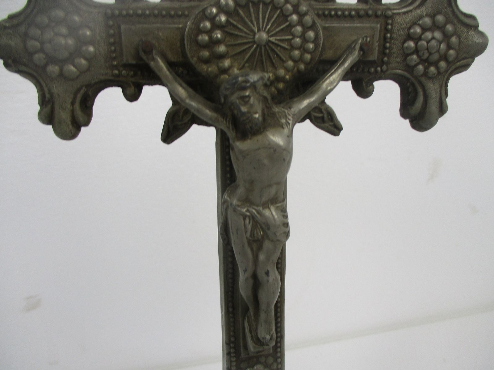 Vintage Standing Crucifix Jesus Christ Cross Ornate Angels At Feet Spelter Beaut photo Art