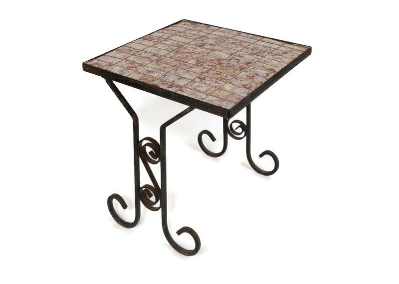 Vintage Side Table Plant Stand Ceramic Mosaic Tiles Wrought Iron  Modernist Retr
