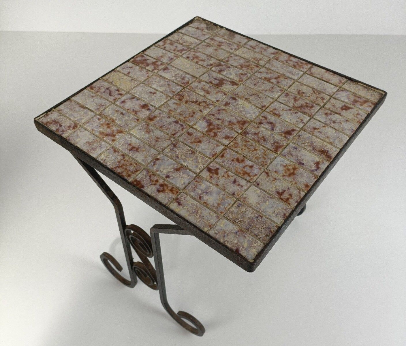 Vintage Side Table Plant Stand Ceramic Mosaic Tiles Wrought Iron  Modernist Retr photo Furniture