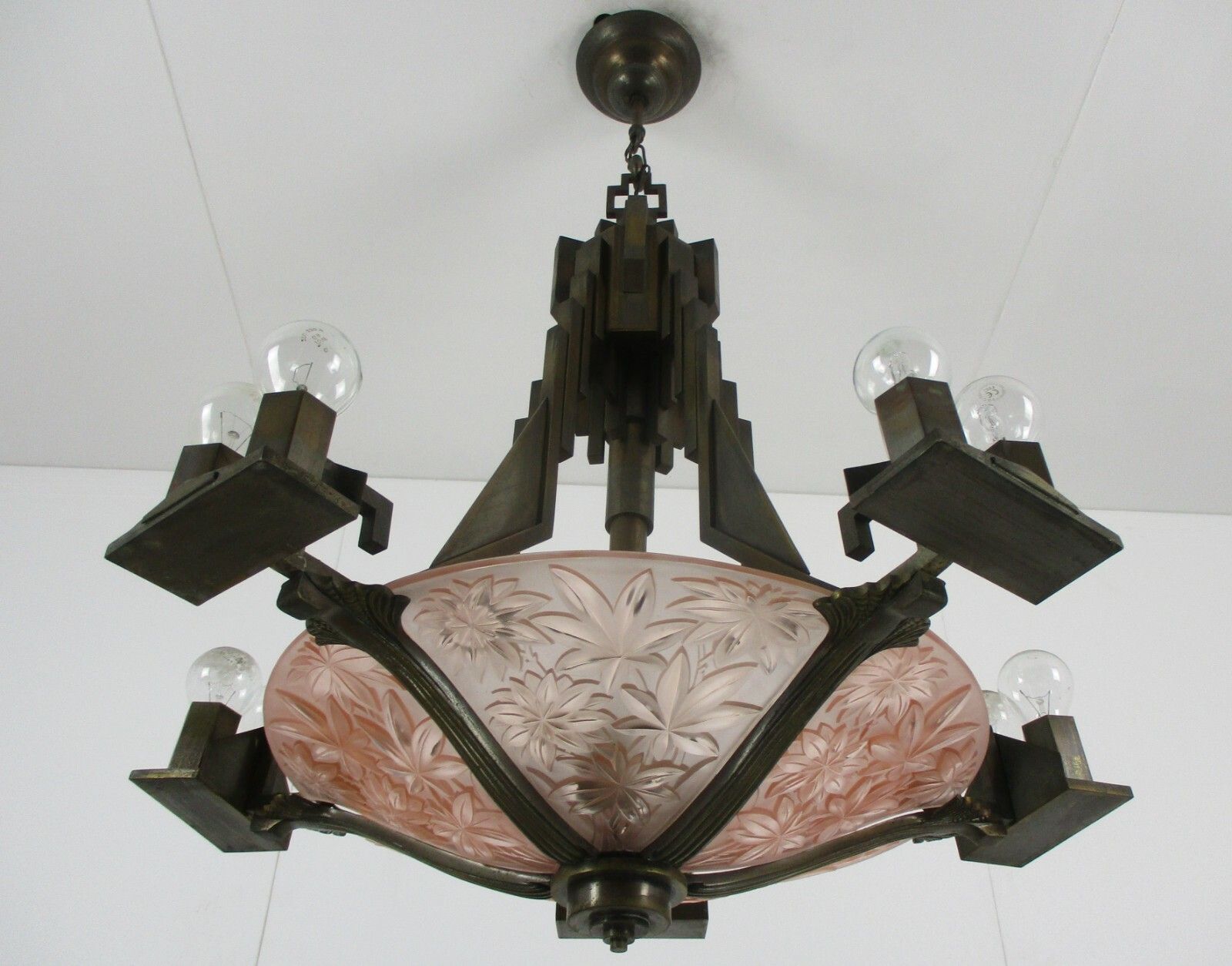 Art Nouveau  15!!  Lights Chandelier Lamp Art Deco Pink Glass Flower Shade Wow photo buy