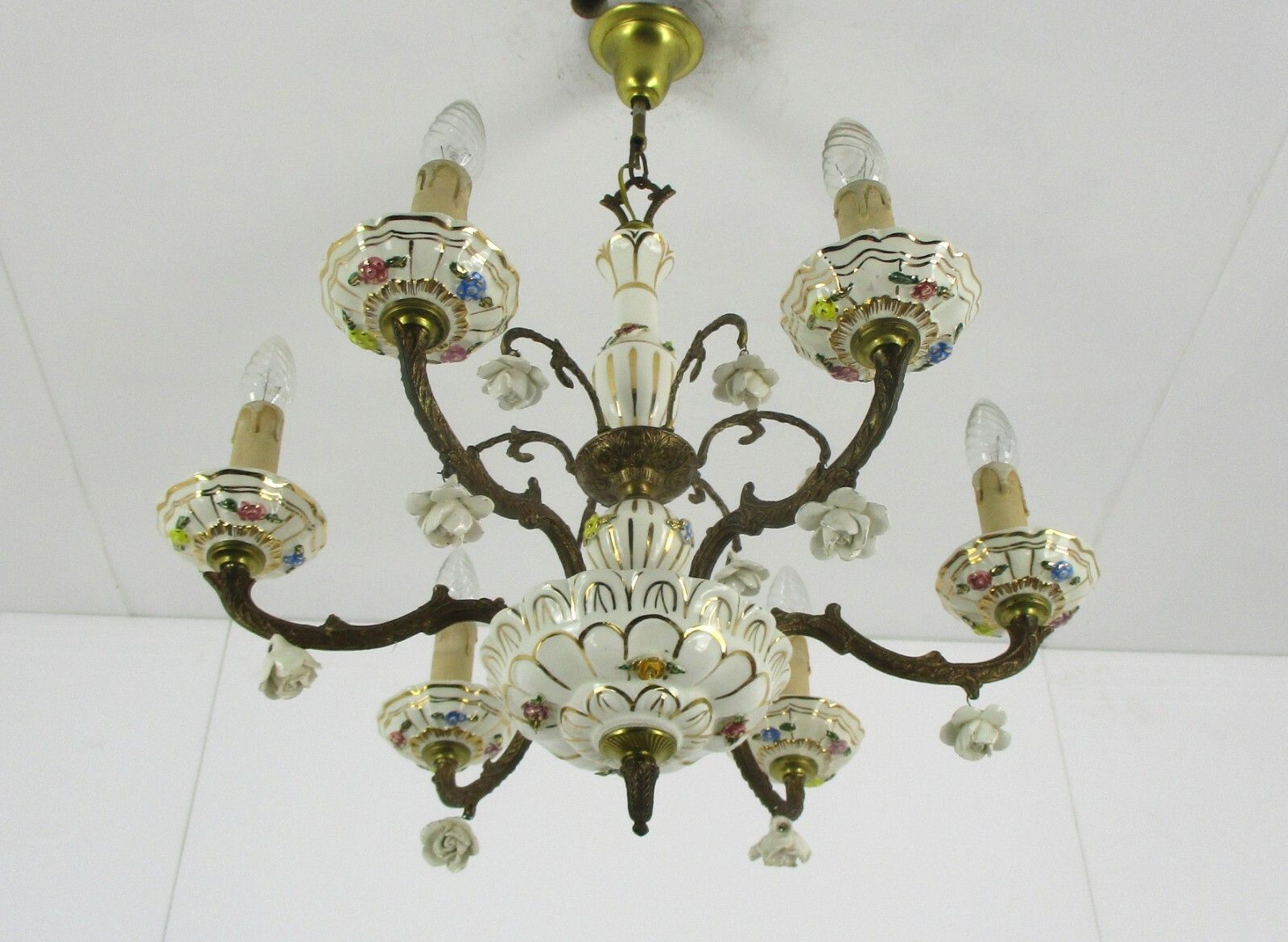 Capodimonte Style Chandelier 6 Arm Italian Porcelain Gorgeous Porcelain Flowers photo for sale