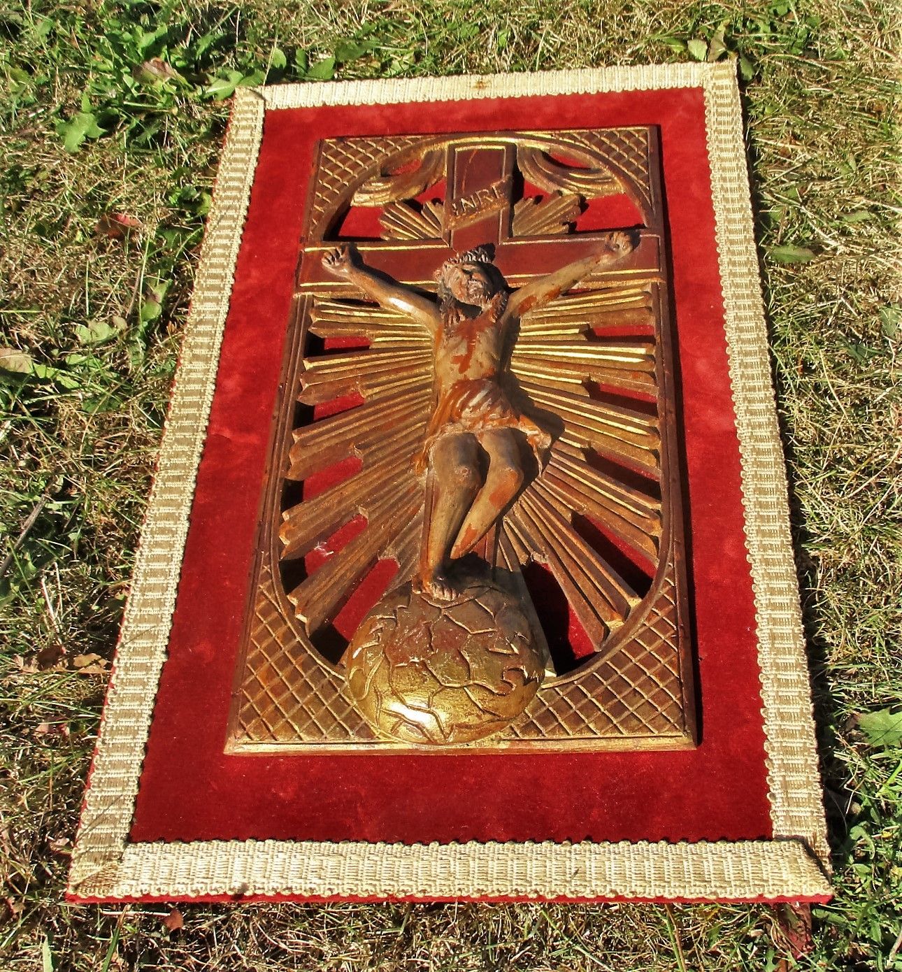 Antique Wall Hanging 18th Century Jesus Christ Crucifix Wood On Velvet Gorgeous photo furniture