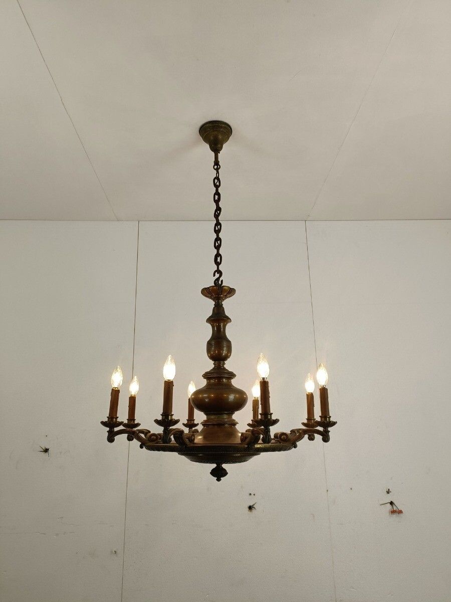 Antique Jugendstil Bronze French Empire Pan Chandelier 8 Arms Huge Heavy Htf photo for sale
