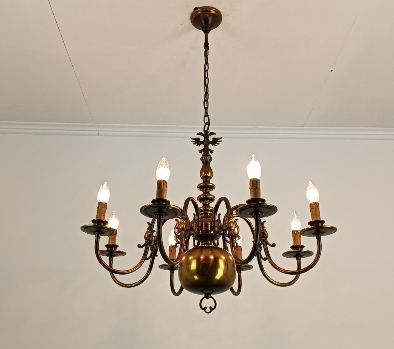 Chandelier Flemish Dutch Brass Ornate 8 Lights Vintage Modernist Barn Farmhouse photo furniture
