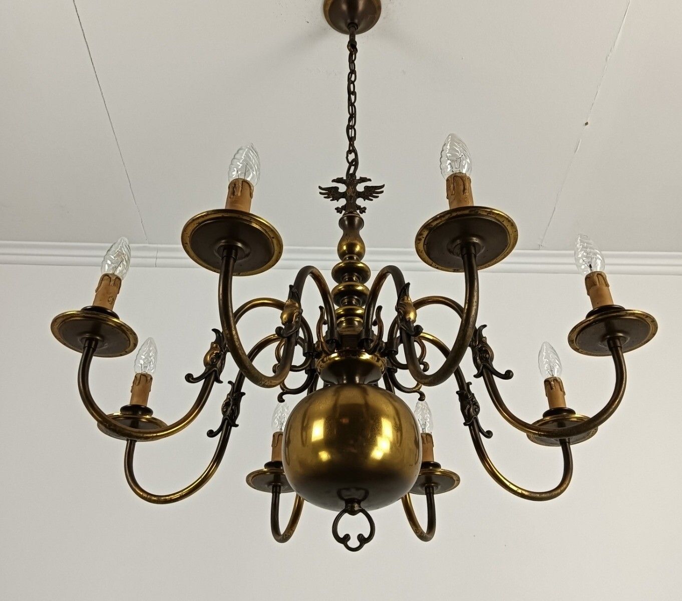 Chandelier Flemish Dutch Brass Ornate 8 Lights Vintage Modernist Barn Farmhouse photo buy