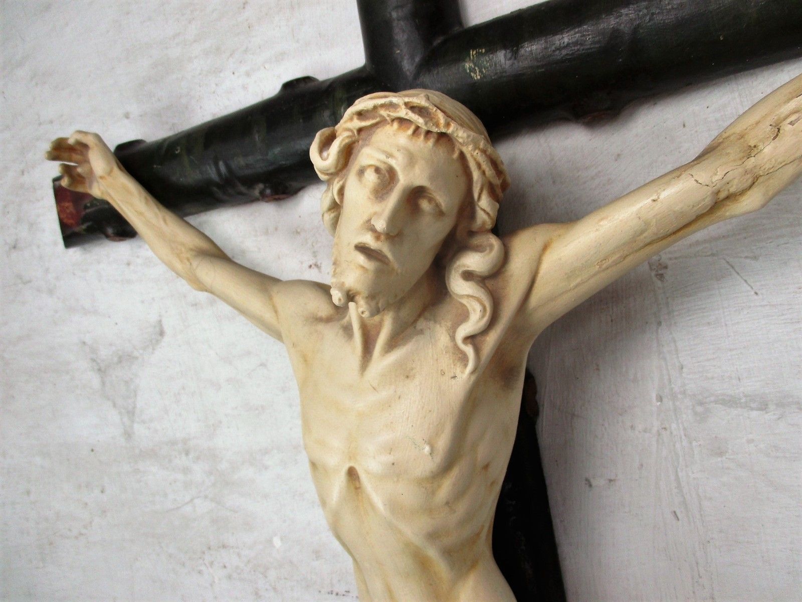 Xl  Hanging Wall Crucifix Wood Plaster Art Nouveau Corpus Christi Wow 38.97" photo Art