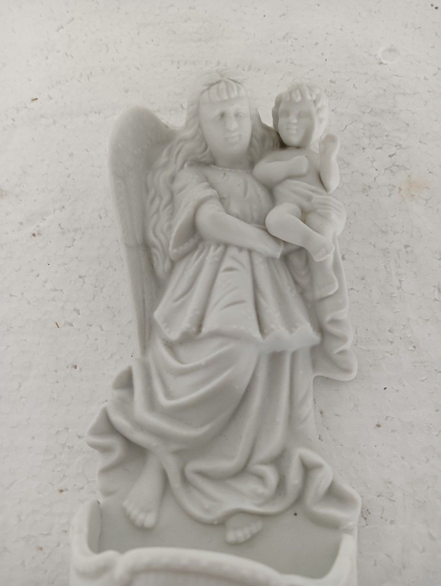 Beautiful Bisque Porcelain Antique Holy Water Font Vessel White Angel With Infan photo furniture