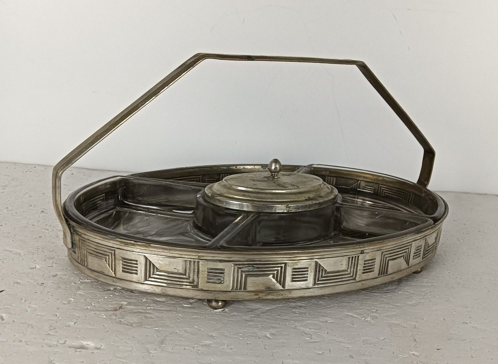Art Deco Antique Apero Serving Dish Centerpiece Divided Silver Plated Metal Glas photo vinterior