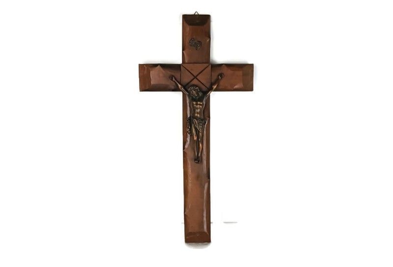 Art Deco Bauhaus Hanging Wall Crucifix Wood Brass Corpus  Jesus Christ  Antique