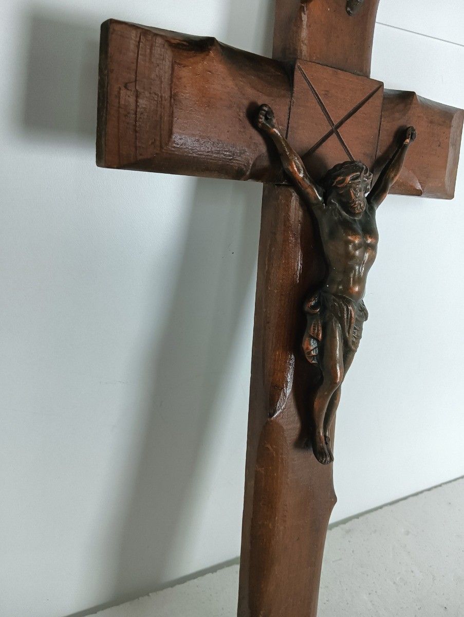 Art Deco Bauhaus Hanging Wall Crucifix Wood Brass Corpus  Jesus Christ  Antique photo Art