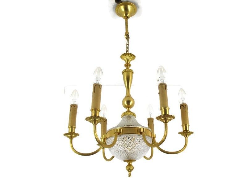 Hollywood Regency 1950s Chandelier Lamp Christal Brass Small Lovely 6 Lights Arm
