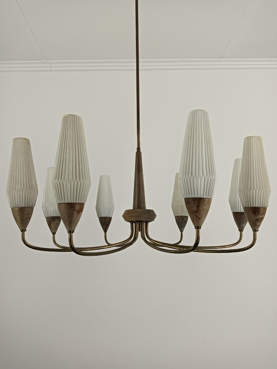 Sputnik Spider Chandelier Chrome Wood Glass 8 Lights Arm Vintage Retro Funky Gla photo Lighting