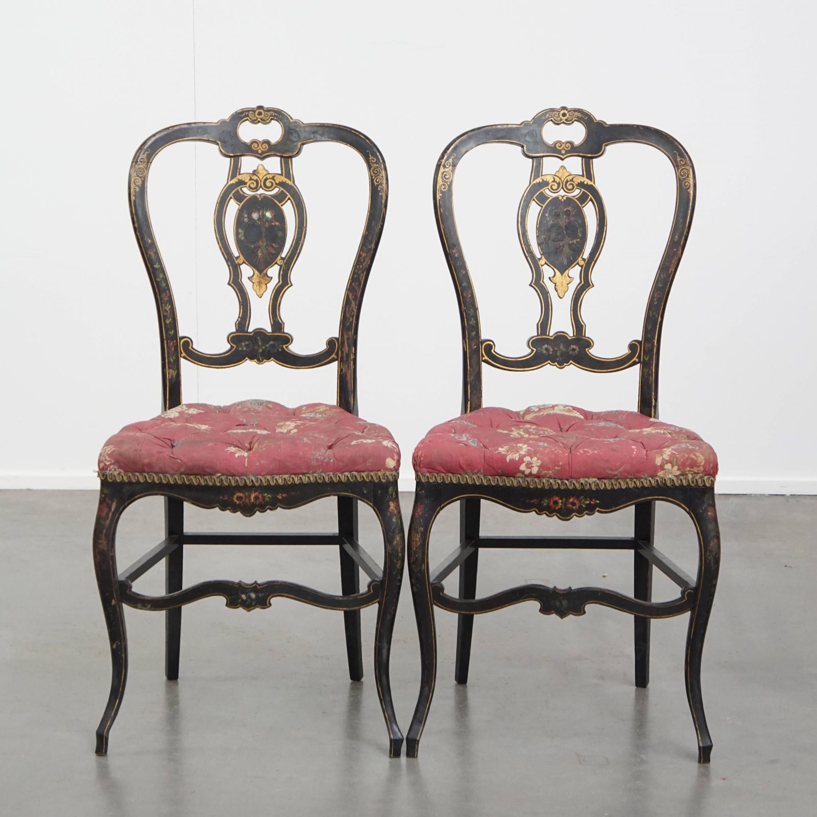 Set Of 2 Unique And Elegant Antique French Napoleon 3 Chairs Inlaid With Mother Of Pearl